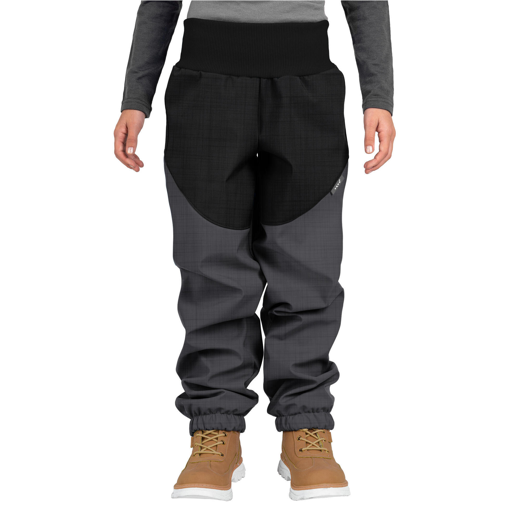 UNUO Dětské softshellové kalhoty s beránkem Light, Šedá Žíhaná, Černá Žíhaná