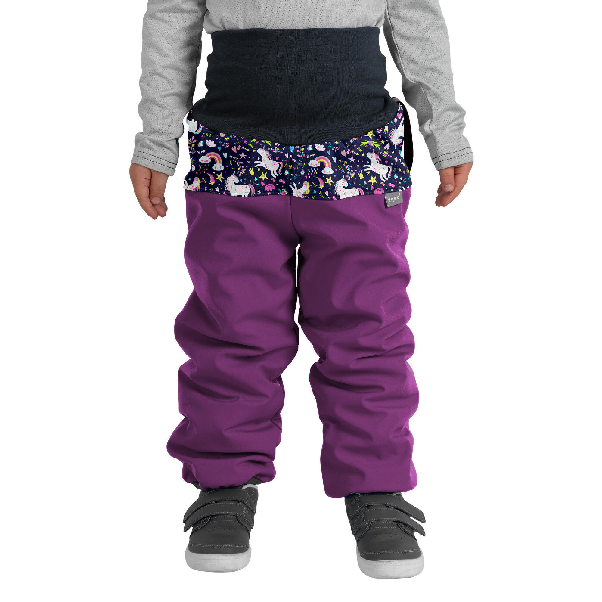 UNUO Batolecí softshellové oteplovačky s beránkem Plus, Ostružinová, Jednorožci