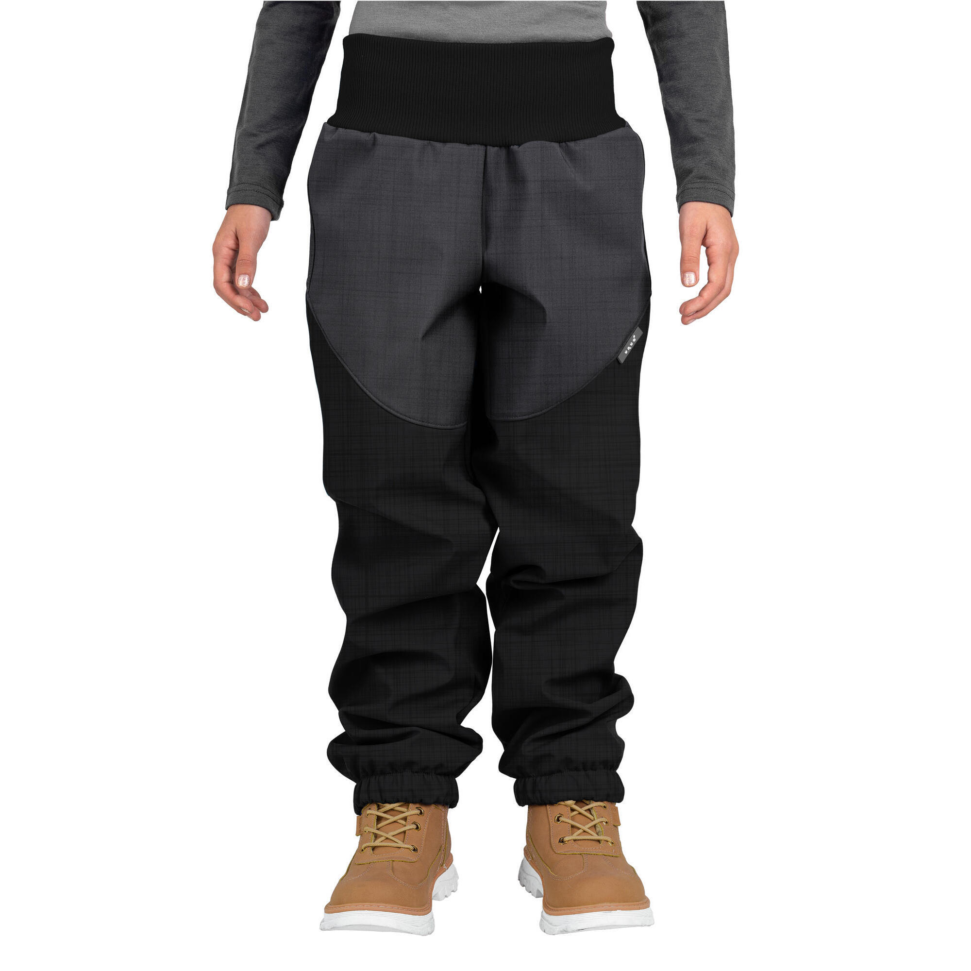 UNUO Dětské softshellové kalhoty s beránkem Light, Černá Žíhaná, Šedá Žíhaná