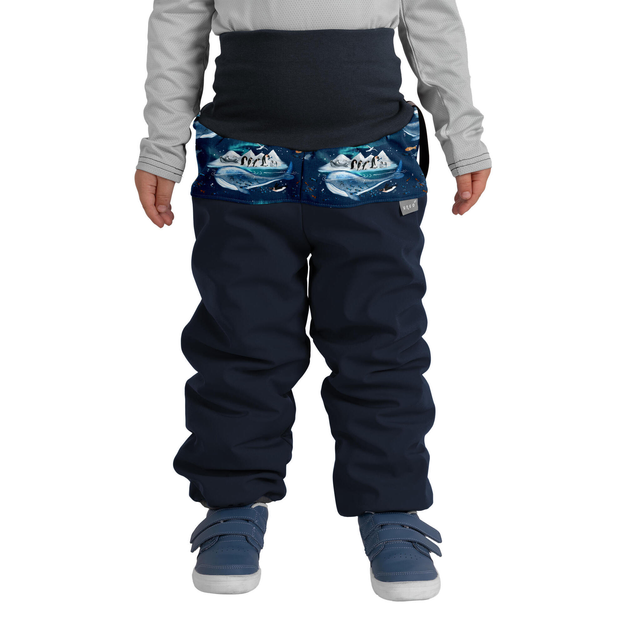 UNUO Batolecí softshellové oteplovačky s beránkem Plus, Tm. Modročerná, Tučňáci