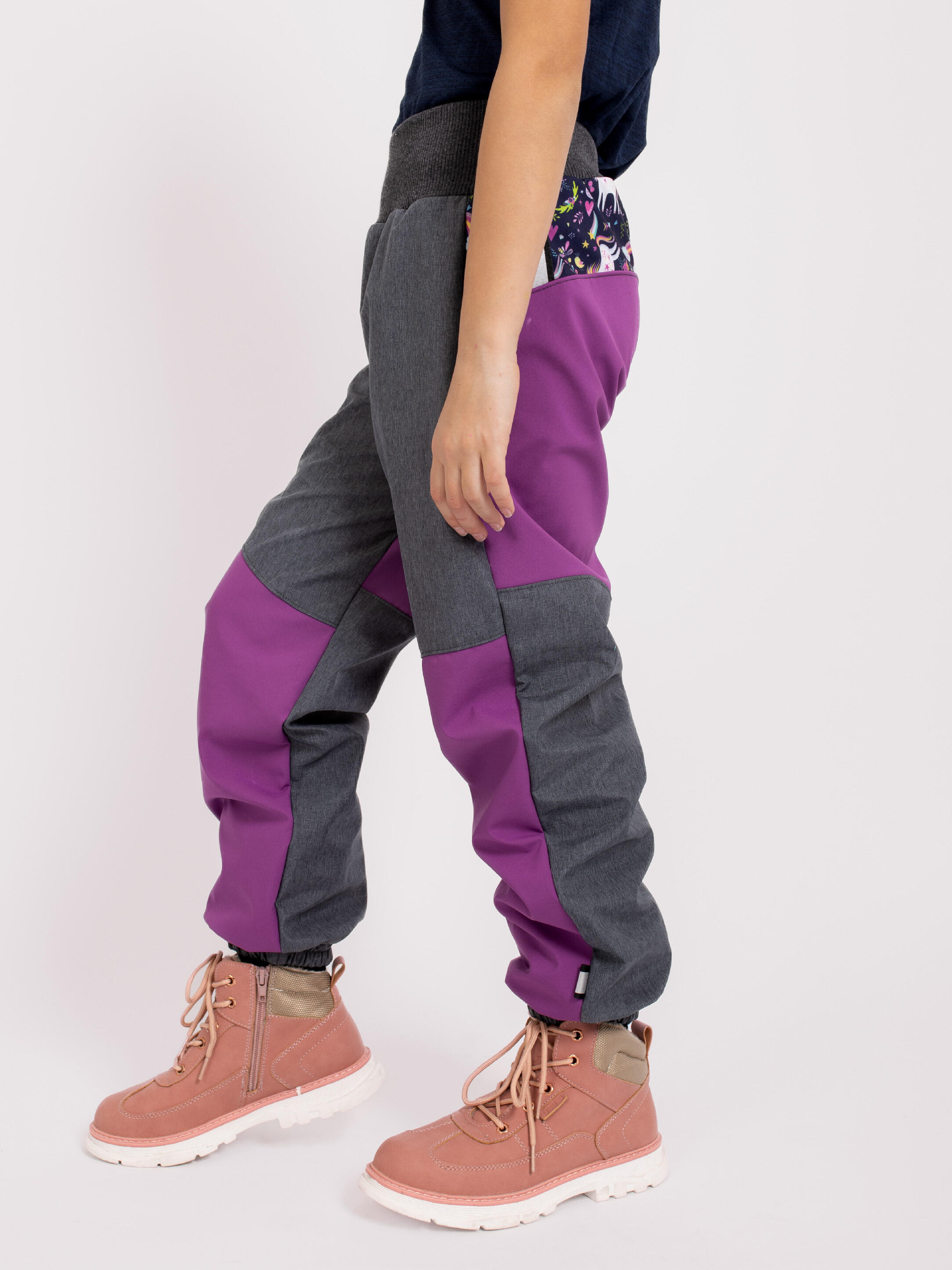 Softshell-Hose mit Fleece für Kinder Plus, Brombeere, Gestromtes Grau, Einhörner 2/7