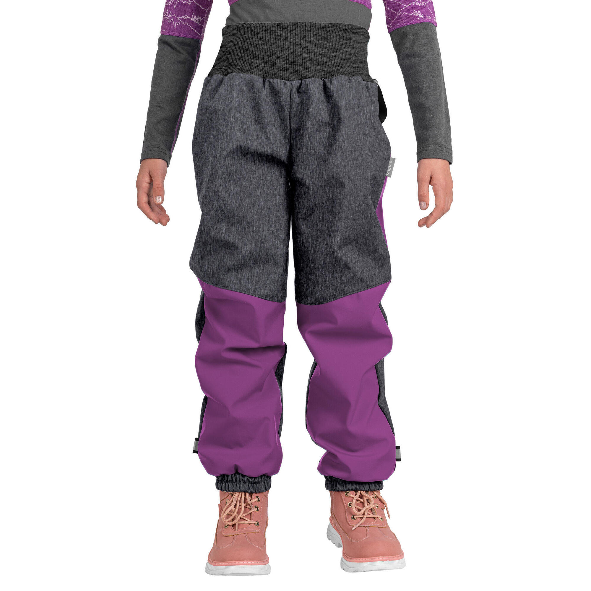 UNUO Dětské softshellové oteplovačky s fleecem Plus, Ostružinová, Žíhaná Antrac