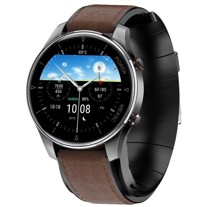 Smartwatch DualStore iSEN Watch P50, Negru cu bratara maro inchis din piele, 1.3