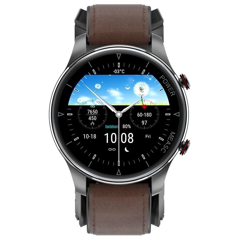 Smartwatch DualStore iSEN Watch P50, Negru cu bratara maro inchis din piele, 1.3