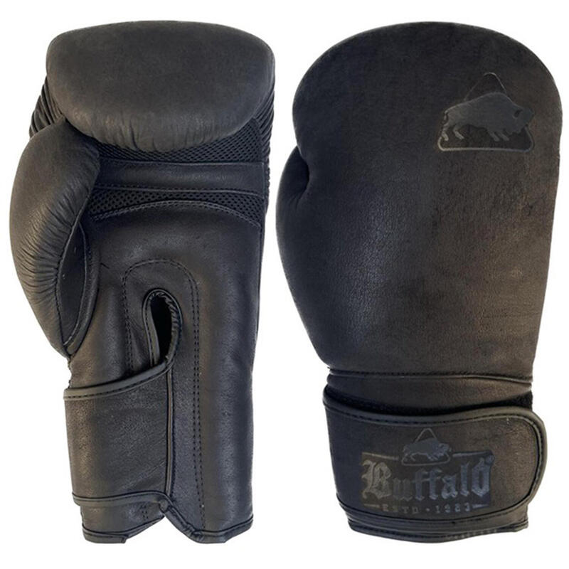 Luvas de boxe em couro de búfalo preto de 12 oz