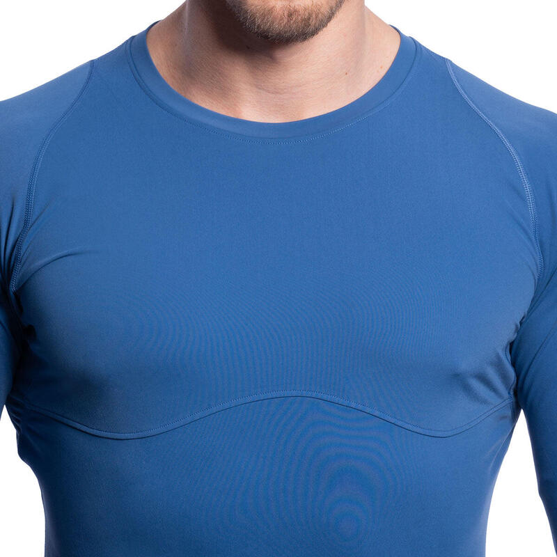 男裝側印透氣修身跑步健身運動長袖T恤 - 藍色