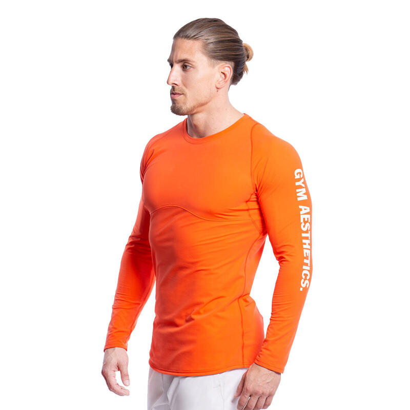 Men SideBand Tight-Fit Long Sleeve Gym Running Sports T Shirt Tee - Orange