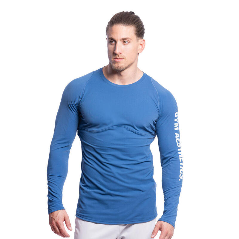 男裝側印透氣修身跑步健身運動長袖T恤 - 藍色