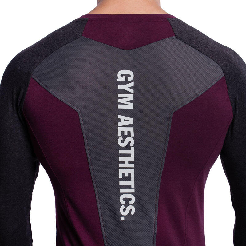 Men Dual-Color Tight-Fit Long Sleeve Gym Running Sports T Shirt Tee - Purple