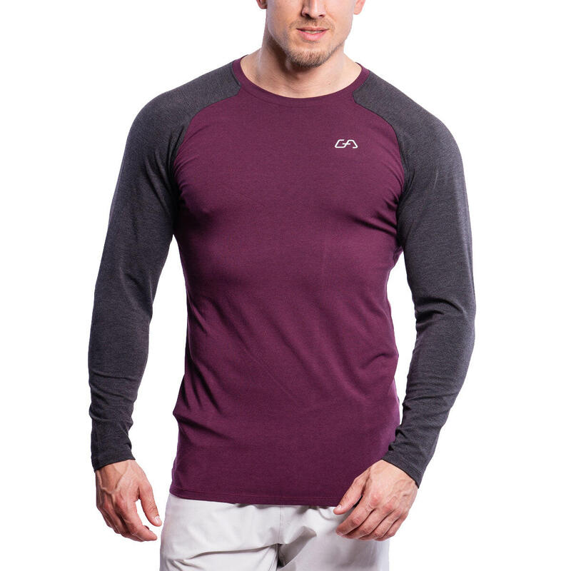 男裝雙色透氣修身跑步健身運動長袖T恤 - 紫色