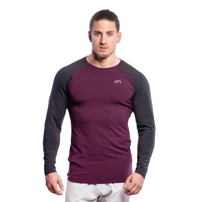Men Dual-Color Tight-Fit Long Sleeve Gym Running Sports T Shirt Tee - Purple