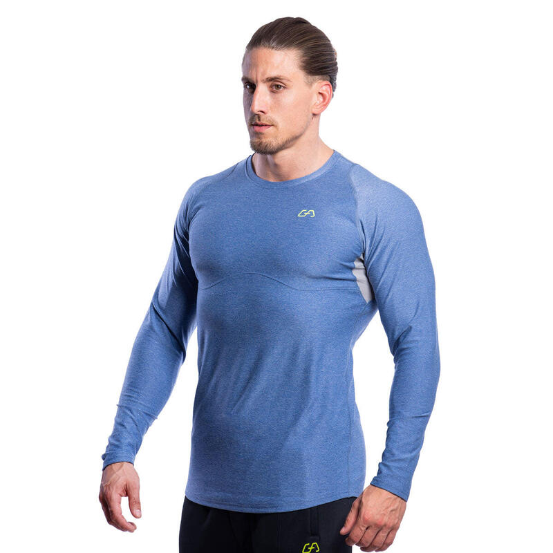 Men Printed Tight-Fit Long Sleeve Gym Running Sports T Shirt Tee - BLUE