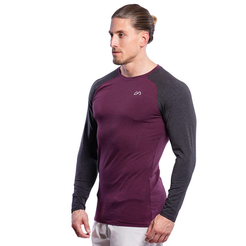 Men Dual-Color Tight-Fit Long Sleeve Gym Running Sports T Shirt Tee - Purple