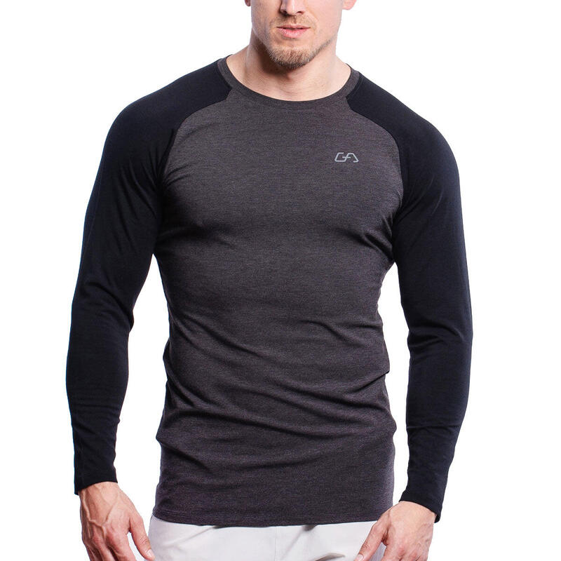 Men Dual-Color Tight-Fit Long Sleeve Gym Running Sports T Shirt Tee - BLACK