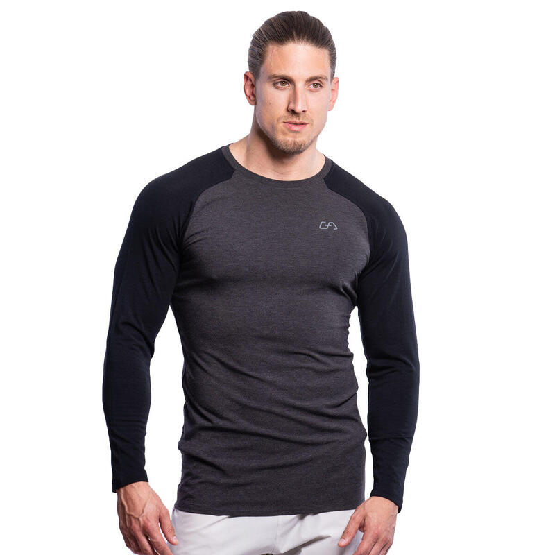 男裝雙色透氣修身跑步健身運動長袖T恤 - 黑色