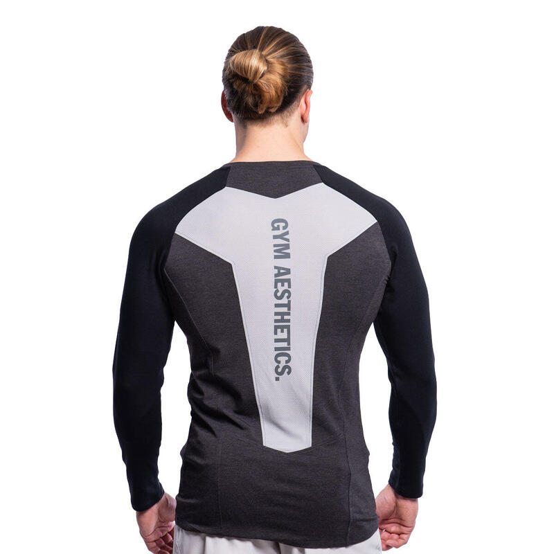 Men Dual-Color Tight-Fit Long Sleeve Gym Running Sports T Shirt Tee - BLACK