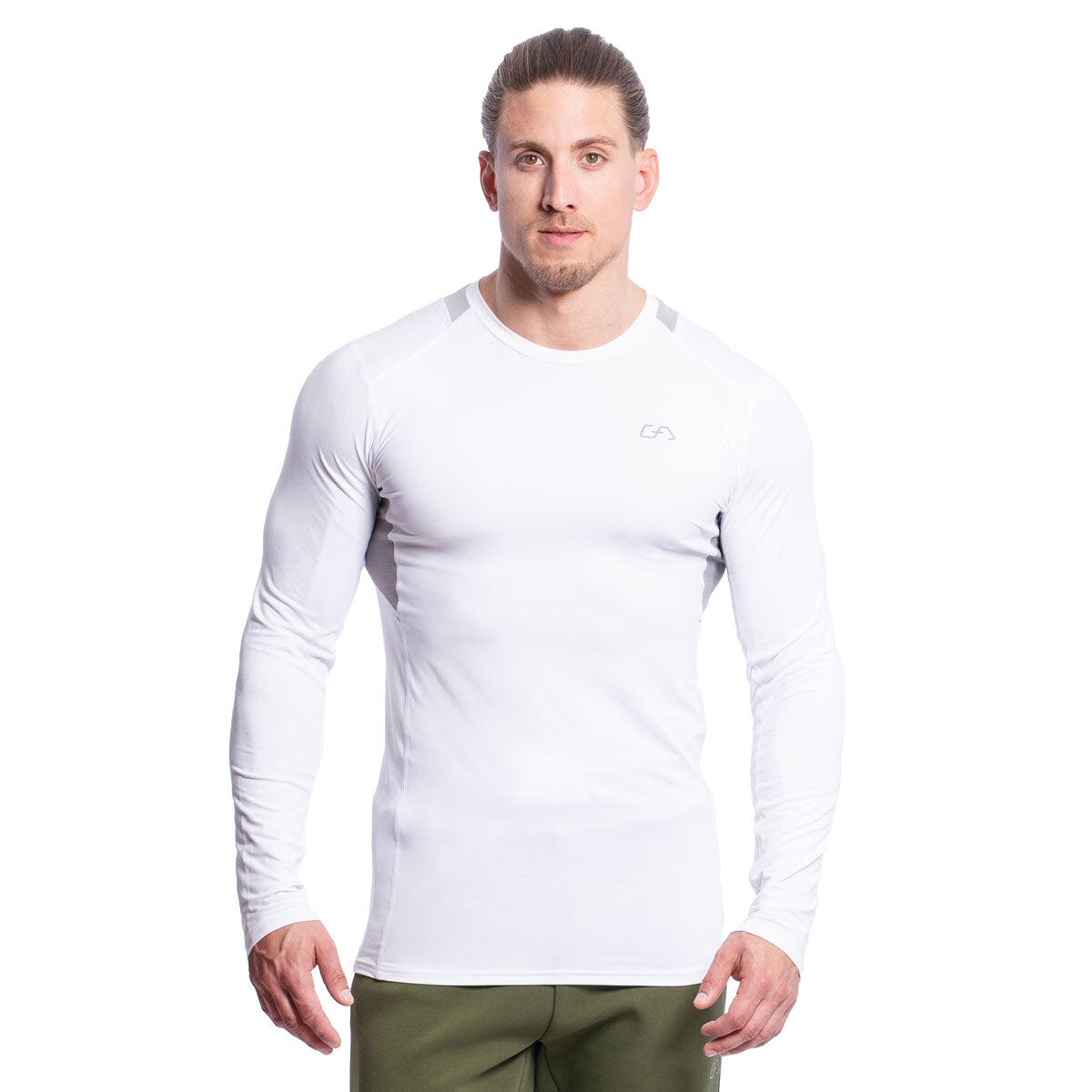 Men Mesh Tight Fit Long Sleeve Gym Running Sports T Shirt Tee WHITE
