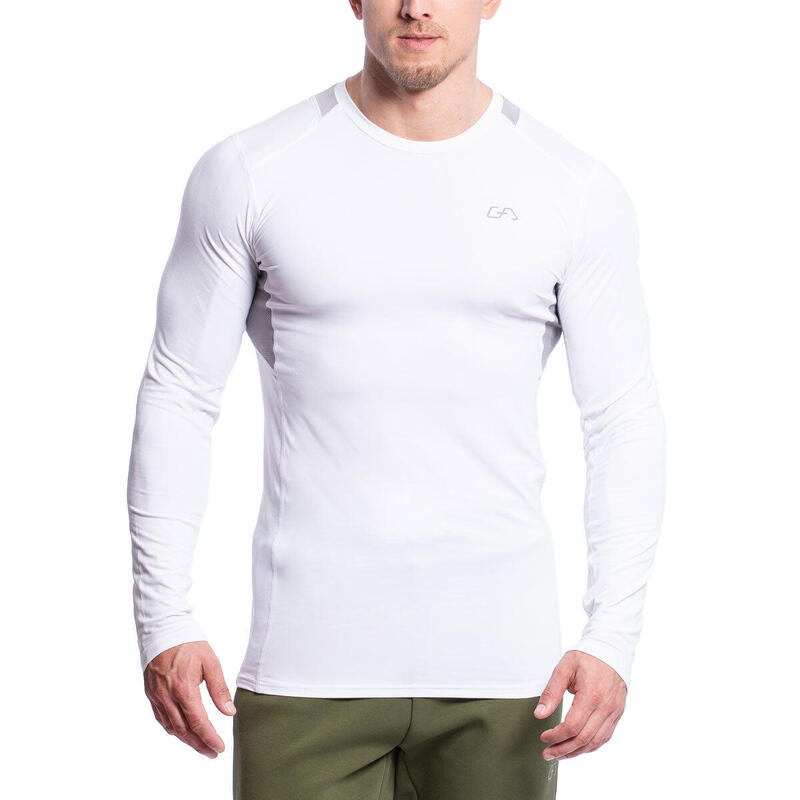 Men Mesh Tight-Fit Long Sleeve Gym Running Sports T Shirt Tee - WHITE