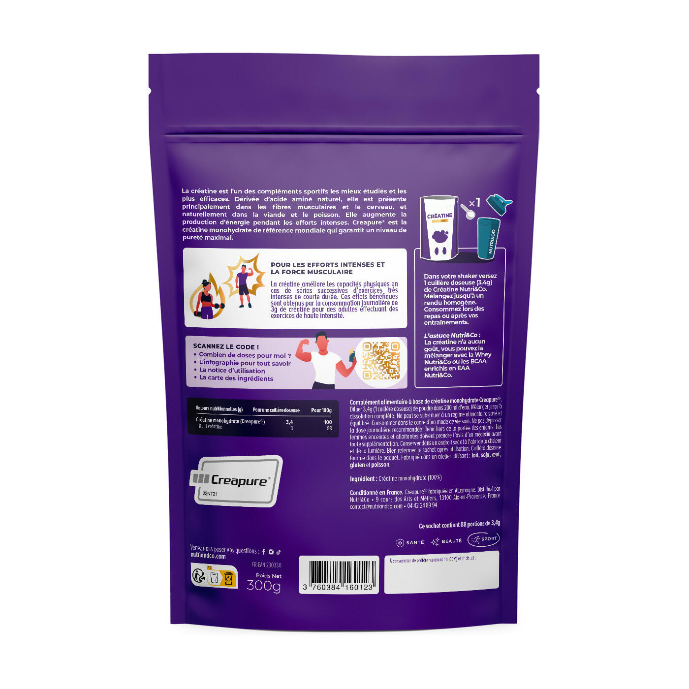 Créatine Monohydrate Creapure - Goût Neutre - Poudre 300g - 88 Doses 2/4