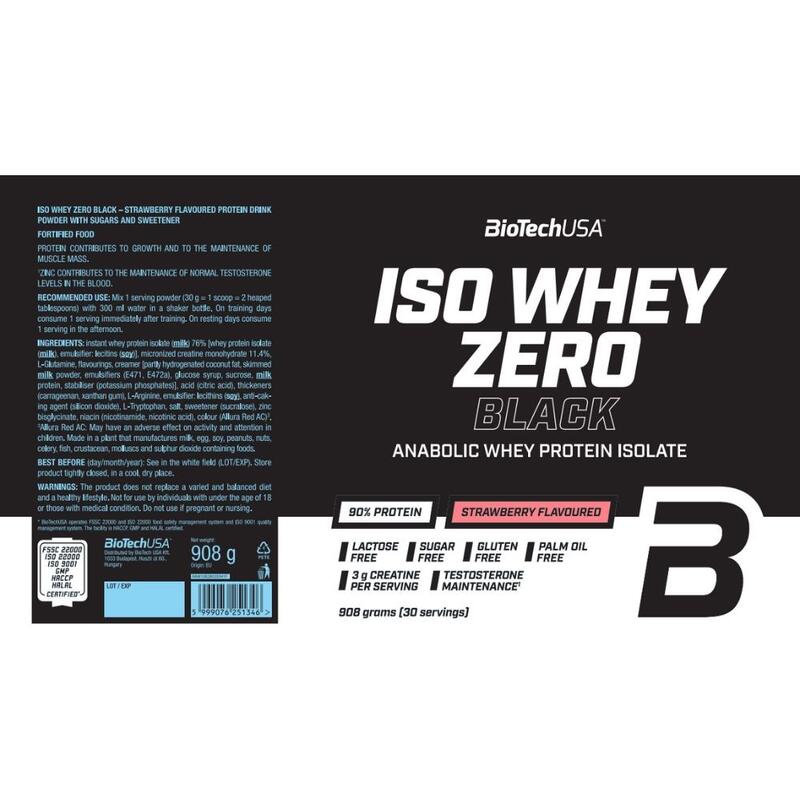 Iso Whey Zero Black proteína en polvo 908gr. Fresa BioTech USA