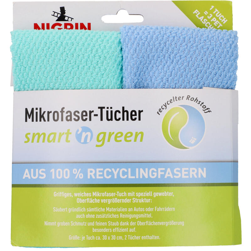 NIGRIN smart and green Mikrofasertuch,aus 100% Recyclingfasern, 2 Stück