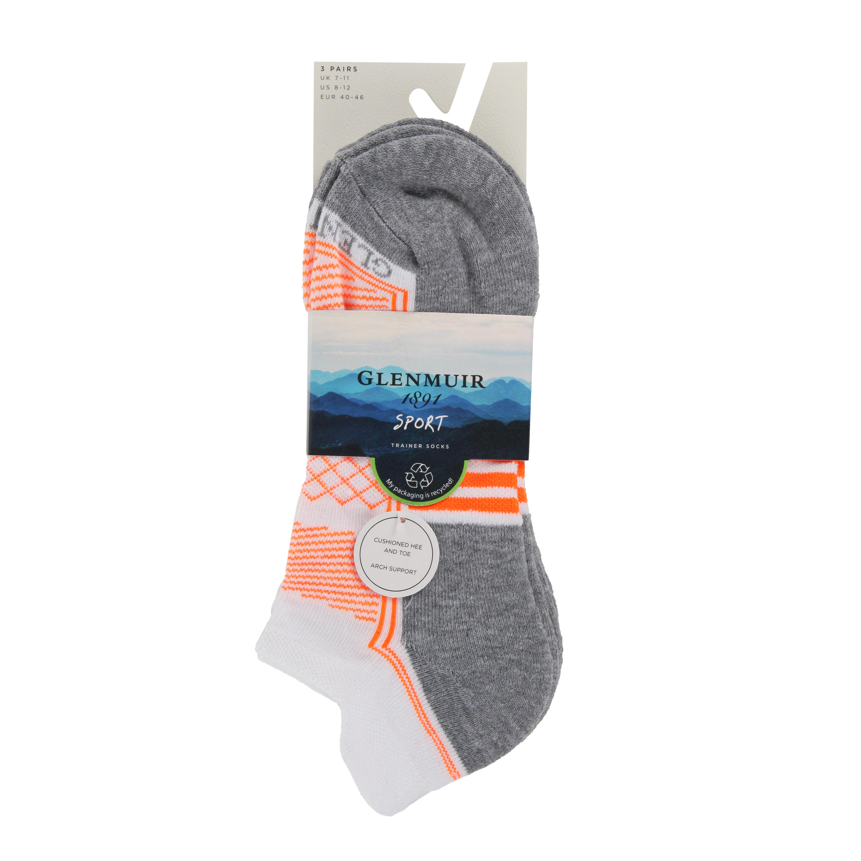 GLENMUIR 3pk trainer socks with half cushioning, arch support, breathable mesh & heel tab