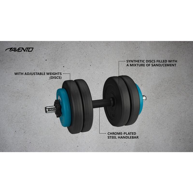 Ganteră ajustabilă Avento 15 kg, discuri sintetice, bară cromată, multicoloră