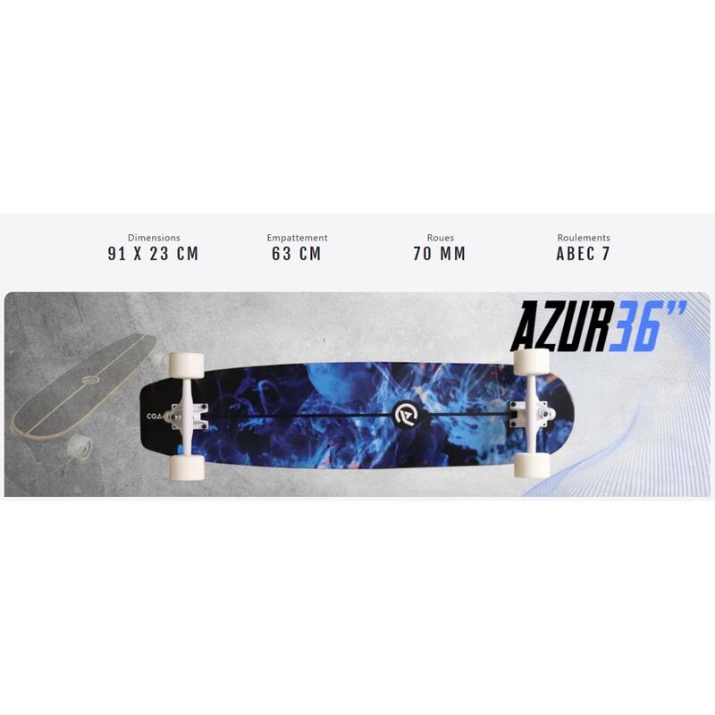 Longboard Azur 36" 91x23 cm blauw - Skateboard/Surfskate - Wielbasis 63cm - Grip