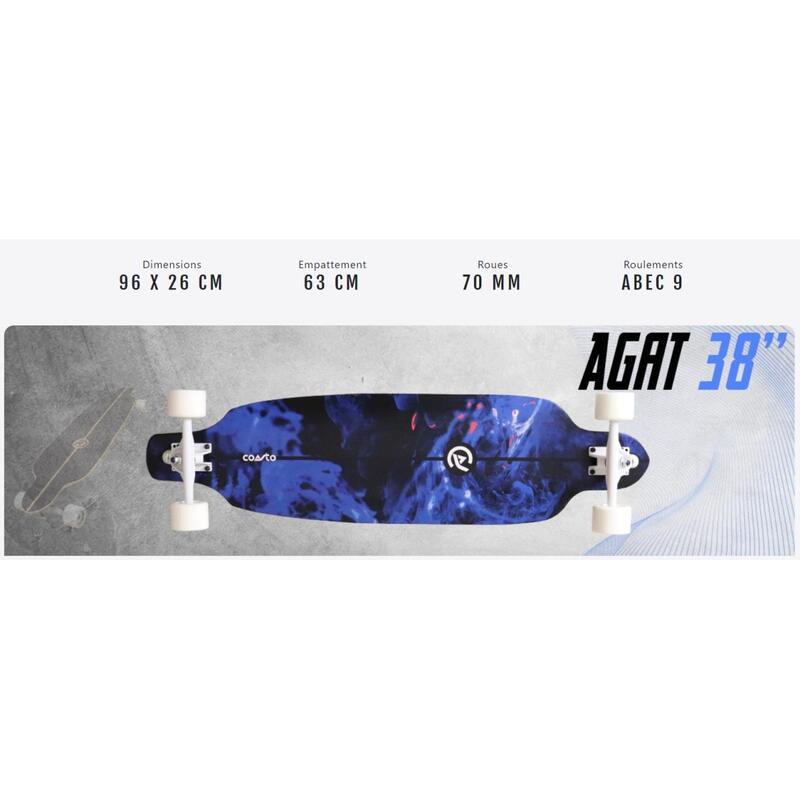 Longboard Agat 38" 96x26 cm bleu - Skate/Surfskate - Wheelbase 63cm - Ahdérent