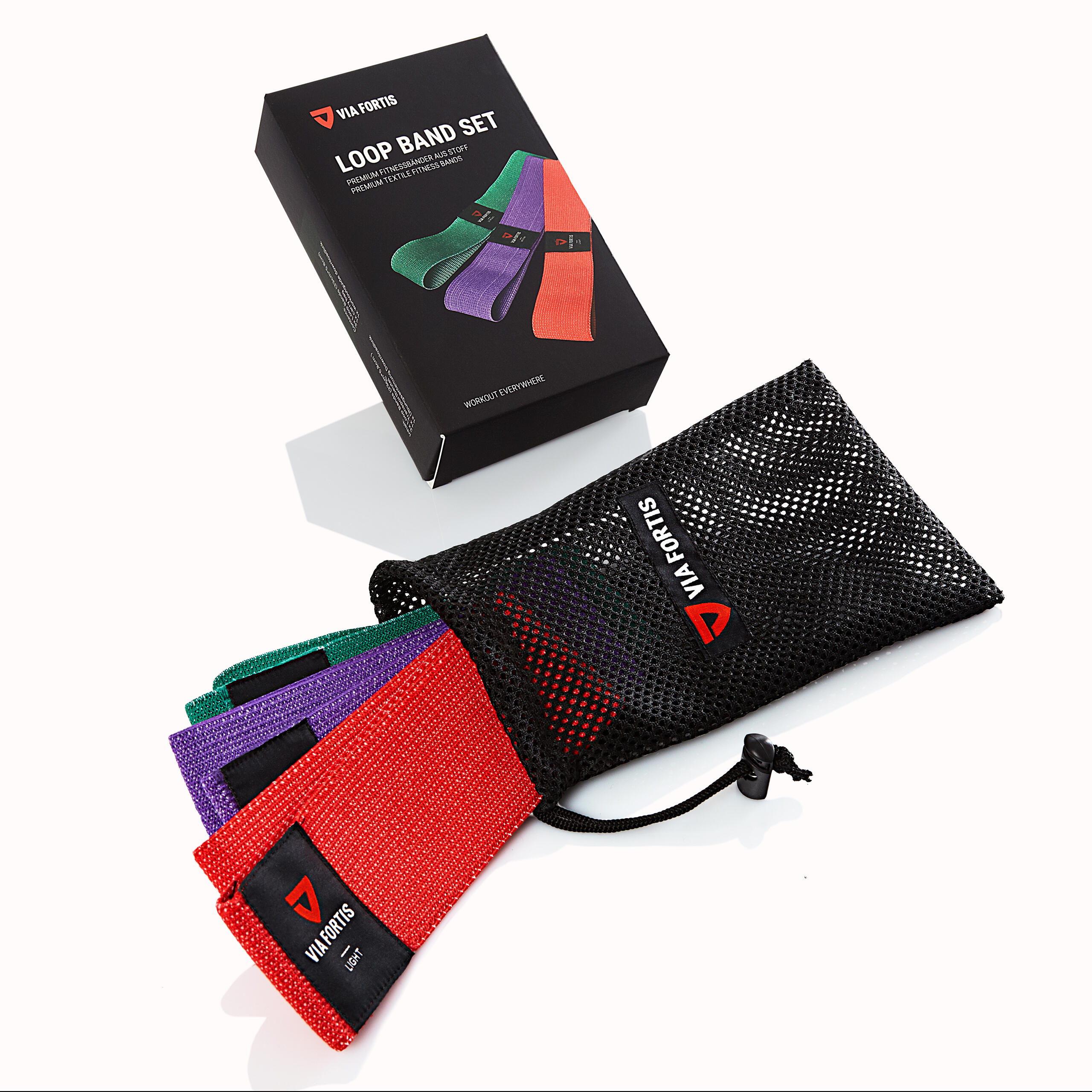 VIA FORTIS Fitnessband aus Stoff mit Übungen für Kraft, Fitness und Muskelaufbau.