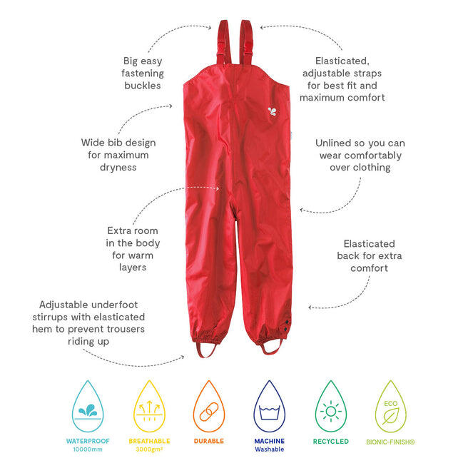 Kids Red Waterproof Dungarees Recycled 4/4