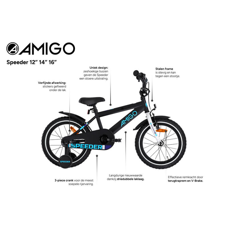 AMIGO Vélo garçon Speeder 14 Pouces 24 cm Garçon Frein à rétropédalage Noir/Bleu