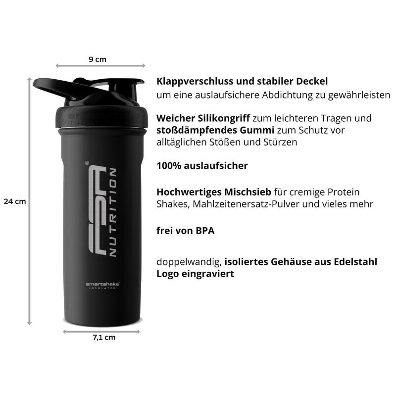 Edelstahl Protein Shaker - Thermosflasche Vakuum isoliert - 750 ml - Schwarz