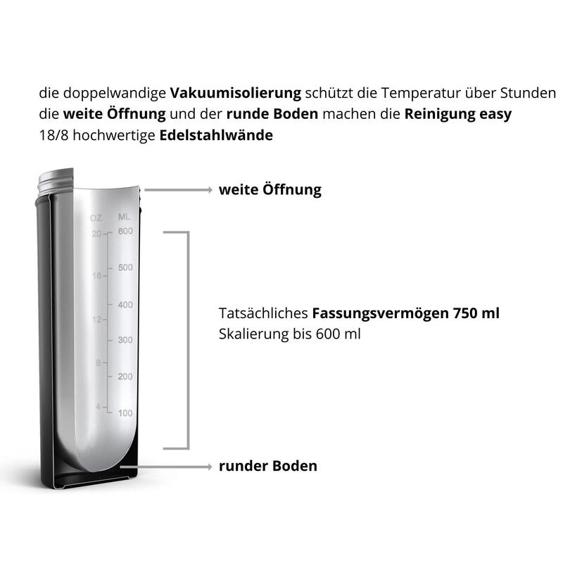 Edelstahl Protein Shaker - Thermosflasche Vakuum isoliert - 750 ml - Schwarz