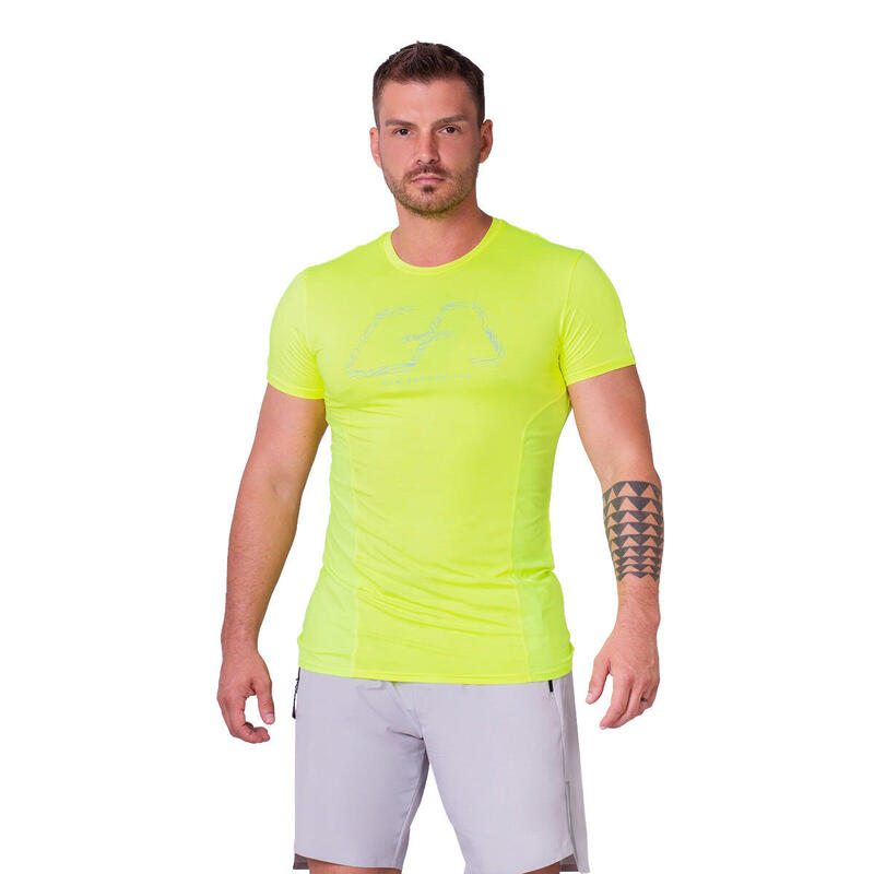 男裝大LOGO彈性跑步健身短袖運動T恤上衣 - 黃色