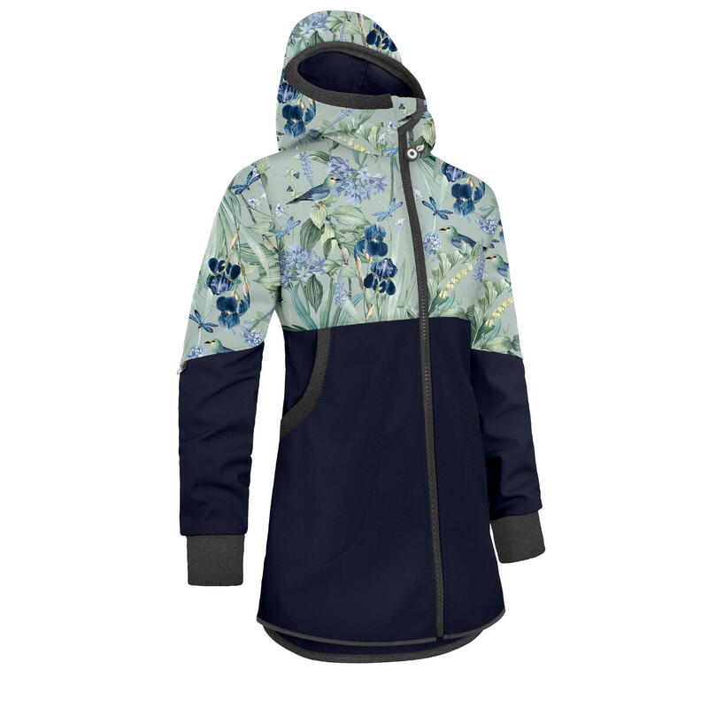 Dívčí softshellový kabát s fleecem Street, Tm. Modročerná, Ptáčci s kosatci