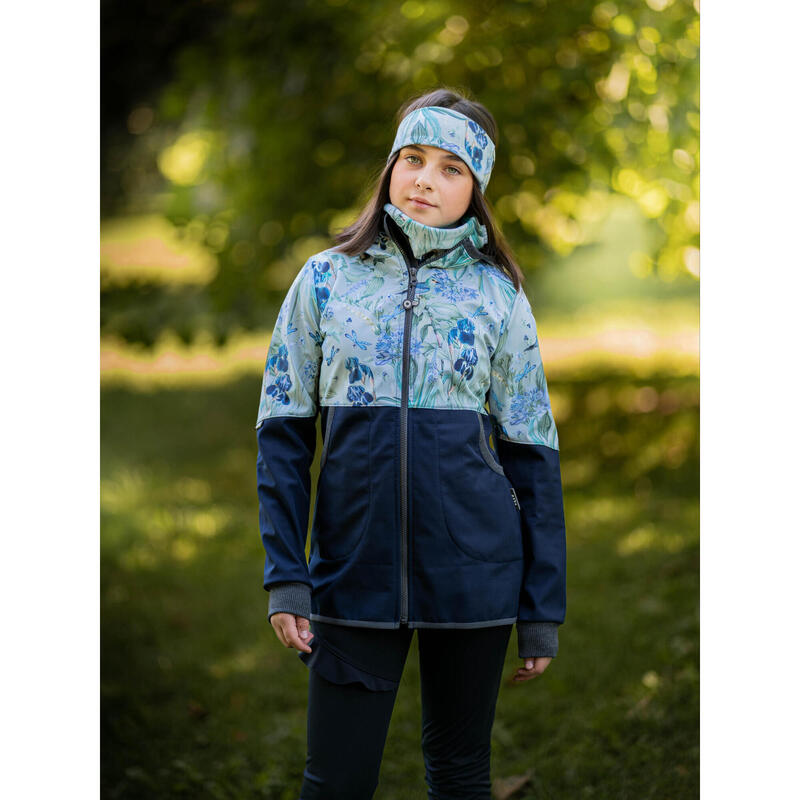 Dívčí softshellový kabát s fleecem Street, Tm. Modročerná, Ptáčci s kosatci