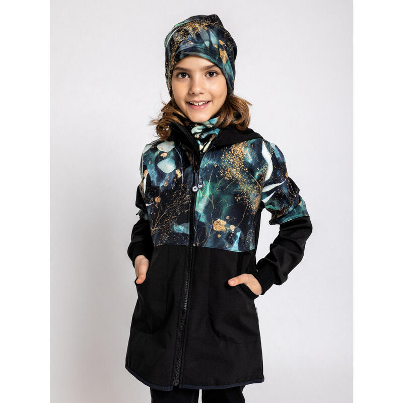 Dívčí softshellový kabát s fleecem Street, Černá, Listy a větvičky