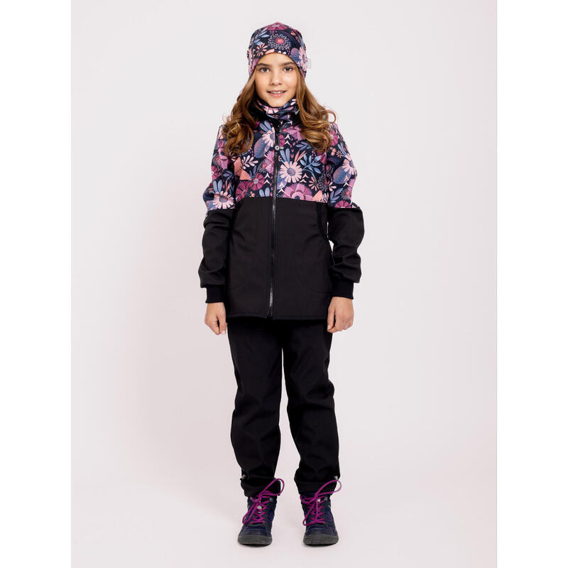 Dívčí softshellový kabát s fleecem Street, Černá, Kouzelné květiny