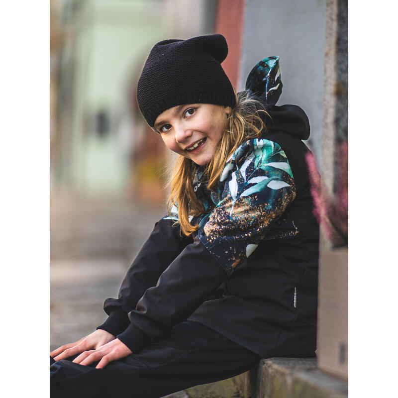 Dívčí softshellový kabát s fleecem Street, Černá, Listy a větvičky
