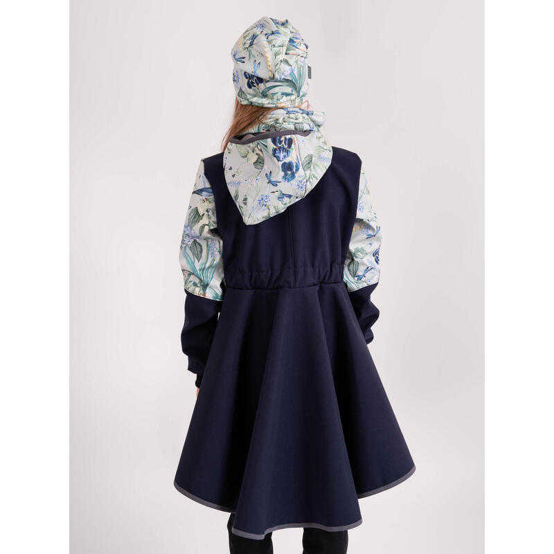 Dívčí softshellový kabát s fleecem Romantico, Tm. Modročerná, Ptáčci s kosatci