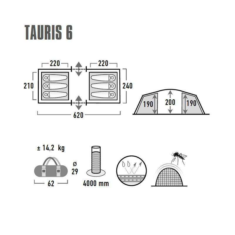 Tente tunnel High Peak VIS-A-VIS Tauris 6, tente familiale, 2 cabines