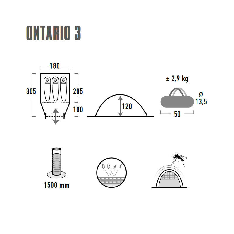 High Peak tente dôme Ontario 3-personnes 305 x 180 x 120 cm bleu
