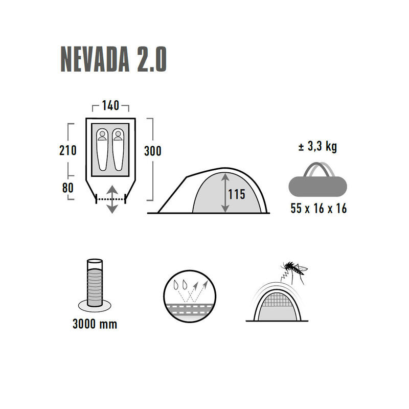 koepeltent Nevada 2-persoons 300 x 140 x 115 cm grijs