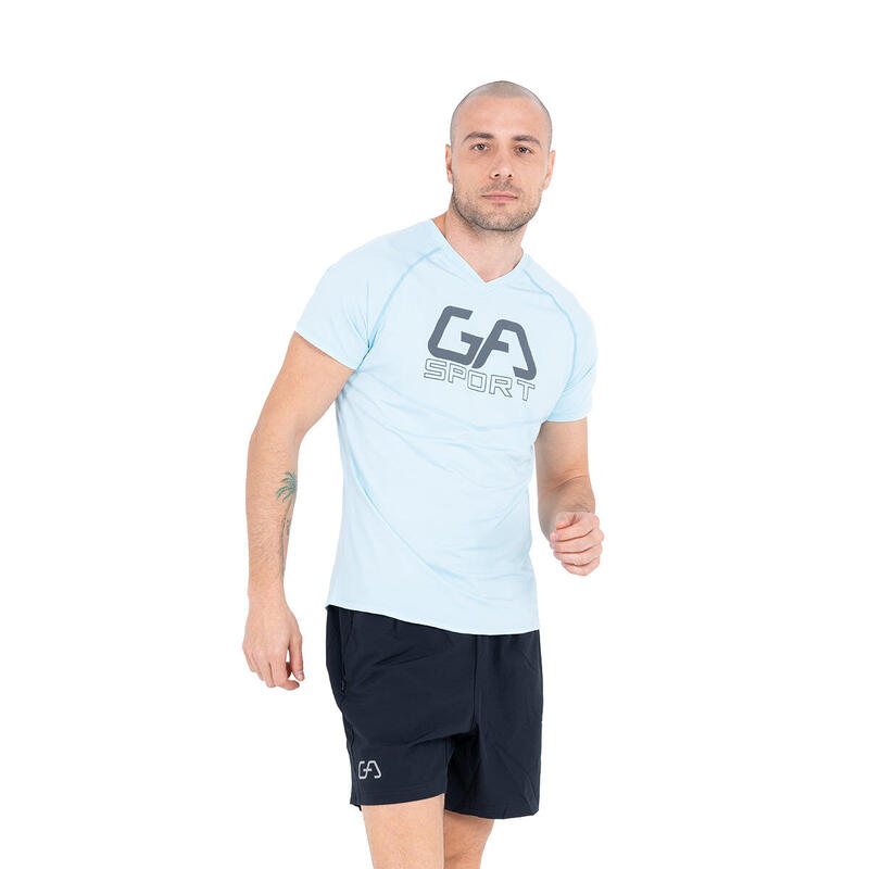 男裝LOGO修身V領跑步健身短袖運動T恤上衣 - 天藍色