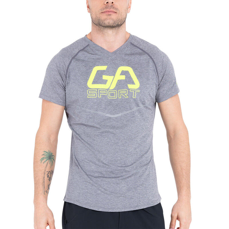 男裝LOGO修身V領跑步健身短袖運動T恤上衣 - 灰色