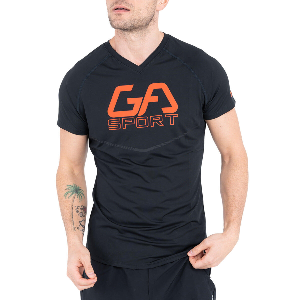 Men LOGO Tight-Fit V neck Gym Running Sports T Shirt Fitness Tee BLACK