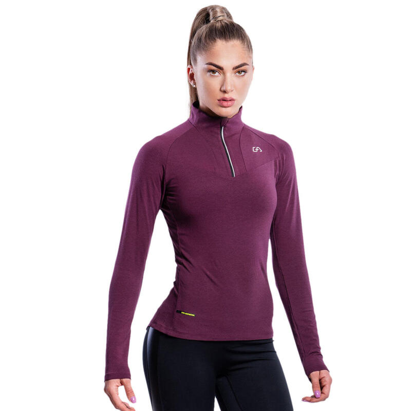 Women Zipper Long Sleeve Gym Running Sports T Shirt Tee - Purple