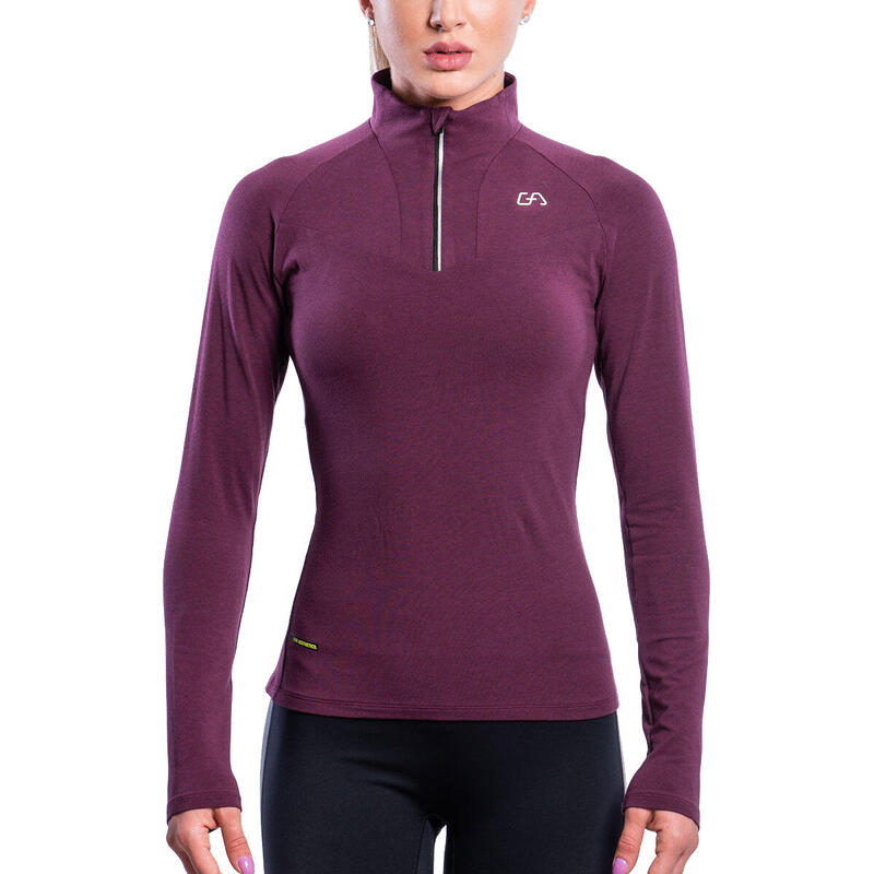 女裝拉鍊修身防曬跑步健身運動長袖T恤 - 紫色