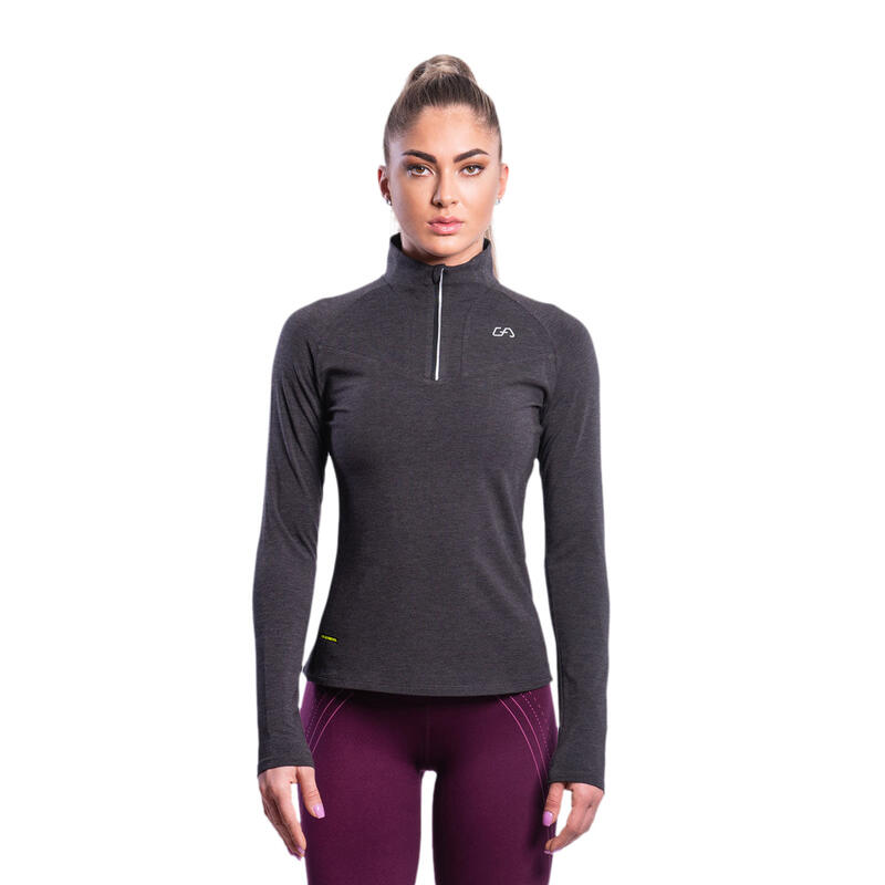 Women Zipper Long Sleeve Gym Running Sports T Shirt Tee - BLACK